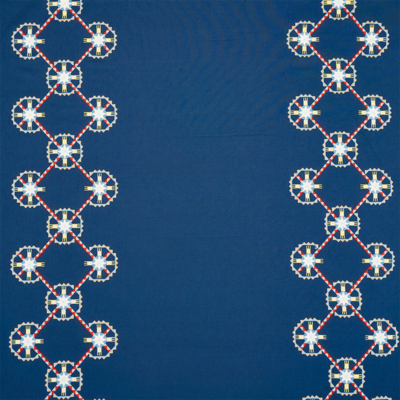 Chamizal Embroidery Blue & Red 77601 by Schumacher Designer Fabric TRUE WEST See Sample INDIA - </p><p>Repeat: Horizontal: 28 1/2" (72CM) and Vertical: 7 1/2" (19CM) 55" (140CM) - Swanky Fabrics -
