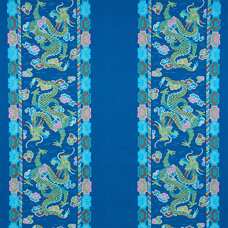 Lotan Dragon Embroidery Blue 78091 by Schumacher Fabric Schumacher Fabric Lotan Dragon Embroidery Blue 78091Fabric LINEN 65% INDIA </p><p>Repeat: H: HORZ. 26 1/2" (67CM) , V: VERT. 30" (76CM) 58.5 - Fabric Carolina -