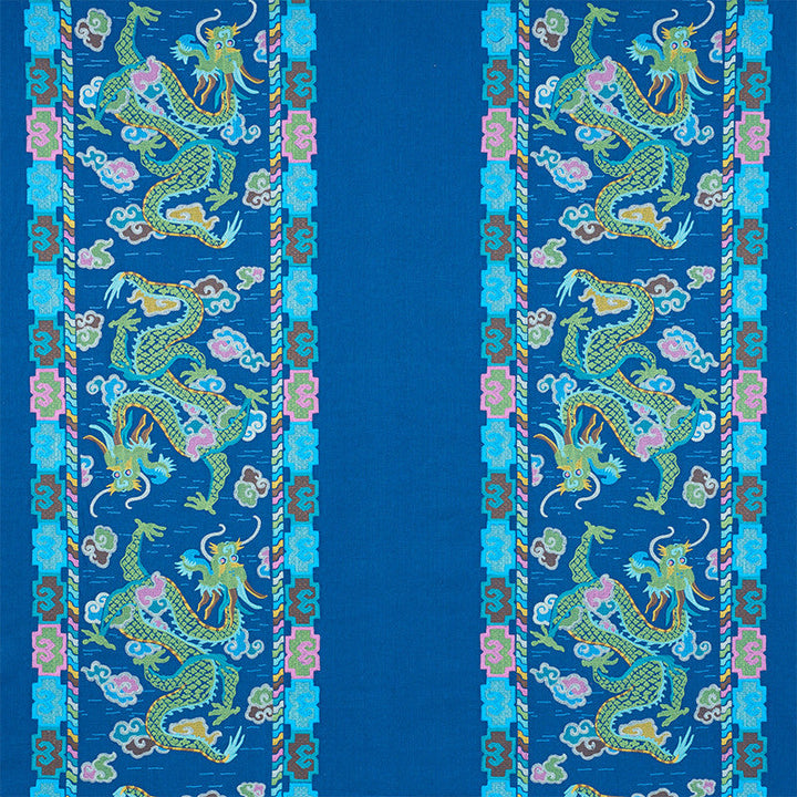 Lotan Dragon Embroidery Blue 78091 by Schumacher Designer Fabric FIRE BREATHER See Sample INDIA - </p><p>Repeat: Horizontal: 26 1/2" (67CM) and Vertical: 30" (76CM) 58 1/2" (149CM) - Swanky Fabrics -