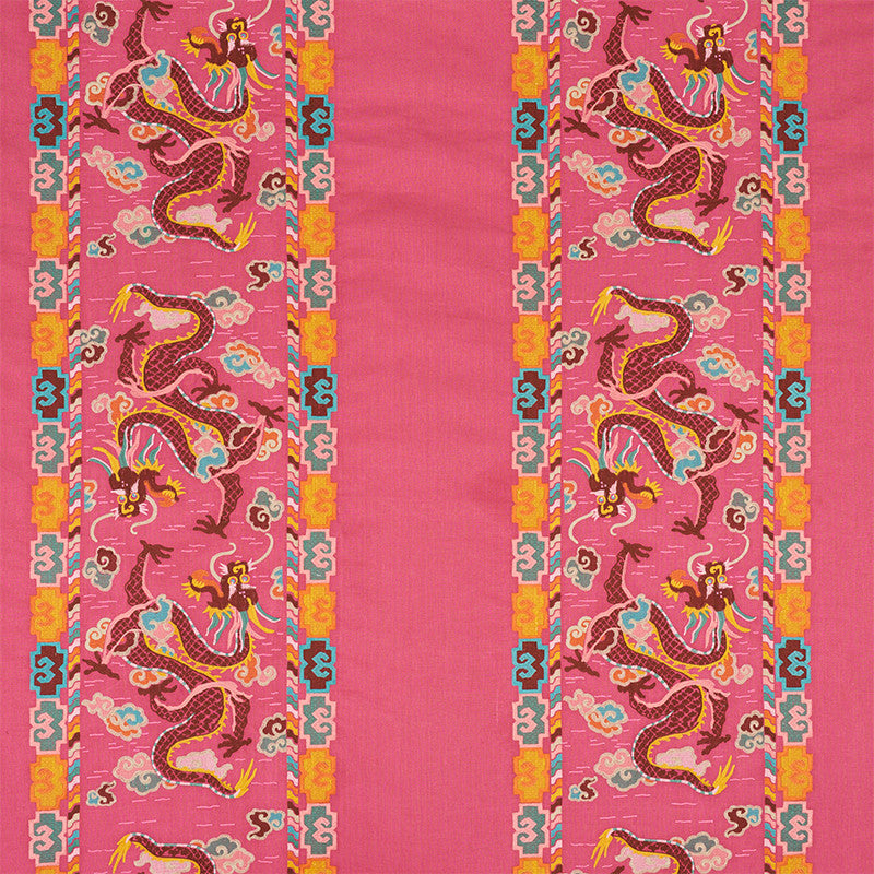 Lotan Dragon Embroidery Pink 78092 by Schumacher Designer Fabric FIRE BREATHER LINEN 65% POLYESTER 35% INDIA </p><p>Repeat: Horizontal: 26 1/2" (67CM) and Vertical: 30" (76CM) 58.5 - Swanky Fabrics -