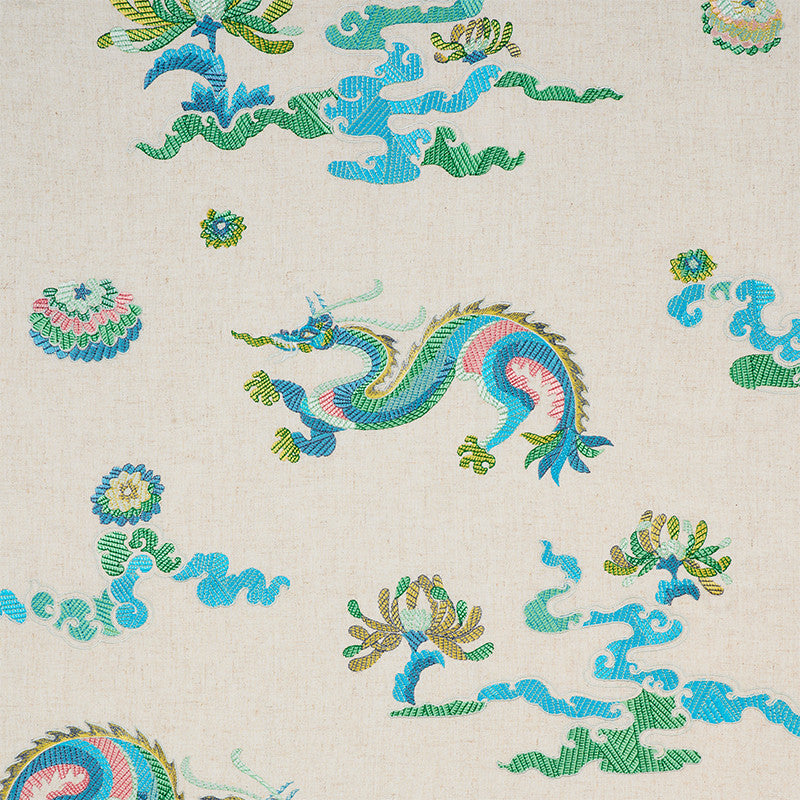Hanlun Dragon Embroidery Natural 78110 by Schumacher Designer Fabric FIRE BREATHER LINEN 80% VISCOSE 14% INDIA </p><p>Repeat: Horizontal: 52 1/4" (133CM) and Vertical: 30 1/4" (77CM) 52.25 - Swanky Fabrics -