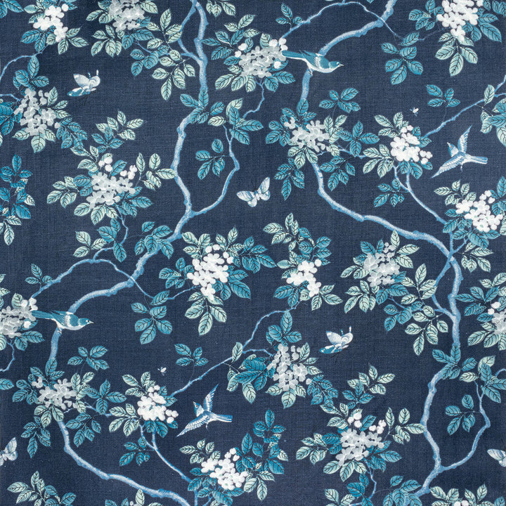7814-44 Birds And Butterfly Herringbone Riptide by Bassett Mcnab Designer Fabric BASSETT MCNAB ORIGINS 100%LIN USA Horizontal: 48 and Vertical: 49 48 in - Swanky Fabrics -