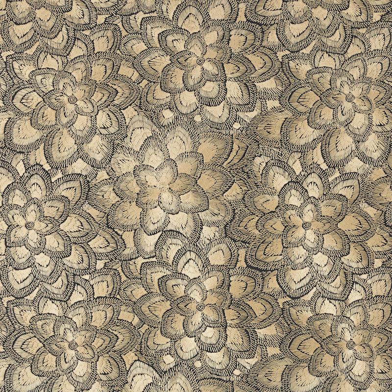 Lotus Embroidery Gold 78340 by Schumacher Designer Fabric EXQUISITE EMBROIDERIES See Sample INDIA - </p><p>Repeat: Horizontal: 16 3/4" (43CM) and Vertical: 15" (38CM) 51 1/2" - Swanky Fabrics -