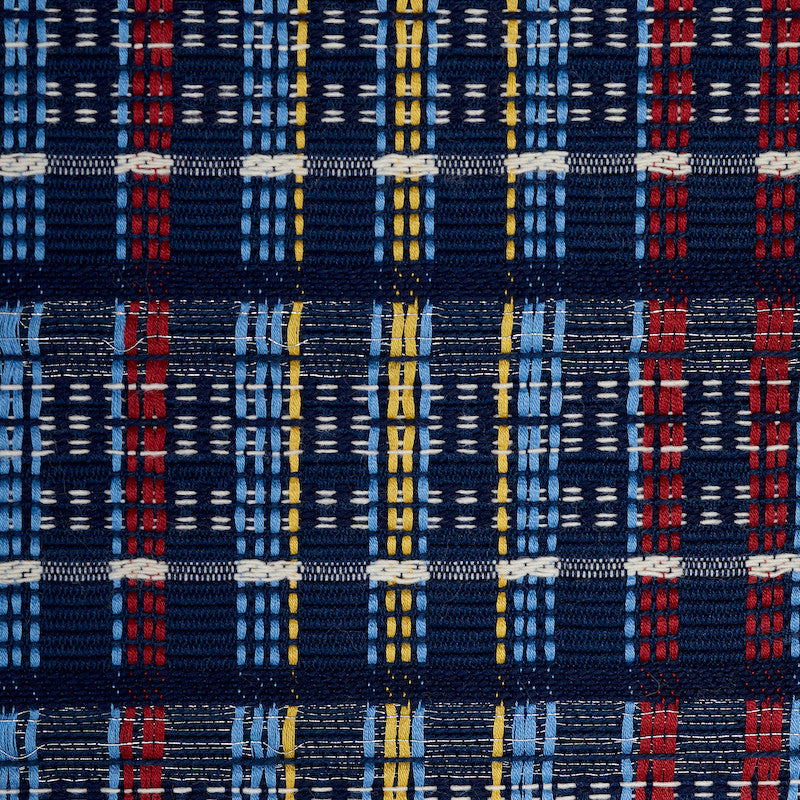 Zealand Check Navy Multi 79072 by Schumacher Designer Fabric SCANDINAVIAN MODERN COTTON 97% ZARI 3% INDIA </p><p>Repeat: Horizontal: 13 5/8" (35CM) and Vertical: 1 1/2" (4CM) 54 - Swanky Fabrics -