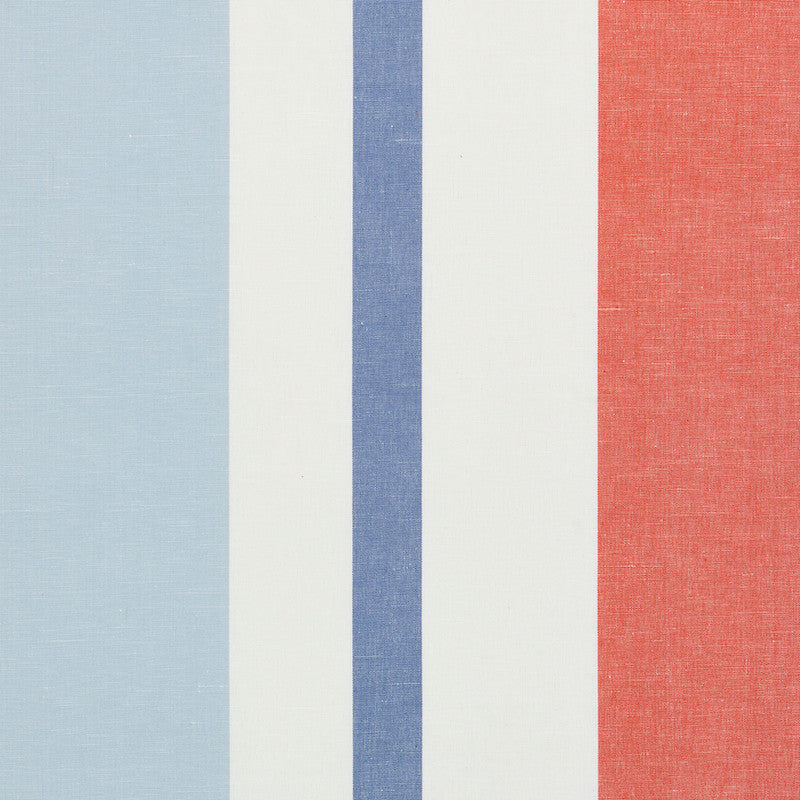 Lolland Linen Stripe Sky & Coral 79662 by Schumacher Designer Fabric SCANDINAVIAN MODERN LINEN 60% COTTON 40% INDIA </p><p>Repeat: Horizontal: HORZ 54" (137CM) and Vertical: 54 - Swanky Fabrics -