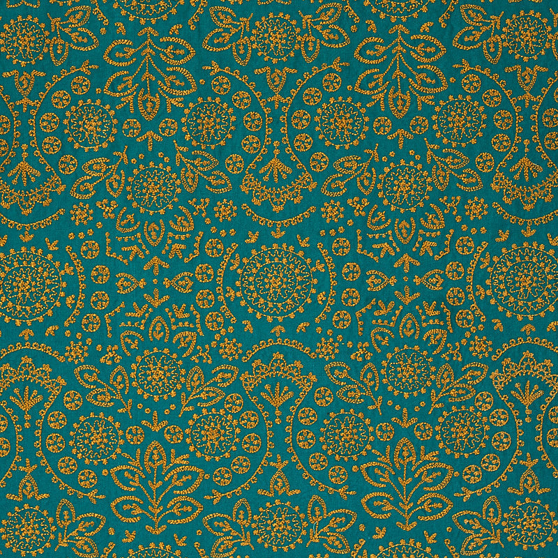 Tiana Embroidery Peacock 79862 by Schumacher Fabric Schumacher Fabric Tiana Embroidery Peacock 79862Fabric COTTON 100% INDIA </p><p>Repeat: H: HORZ. 12 4/5" (32CM) , V: VERT. 31 1/2" (80CM) 54 - Fabric Carolina -