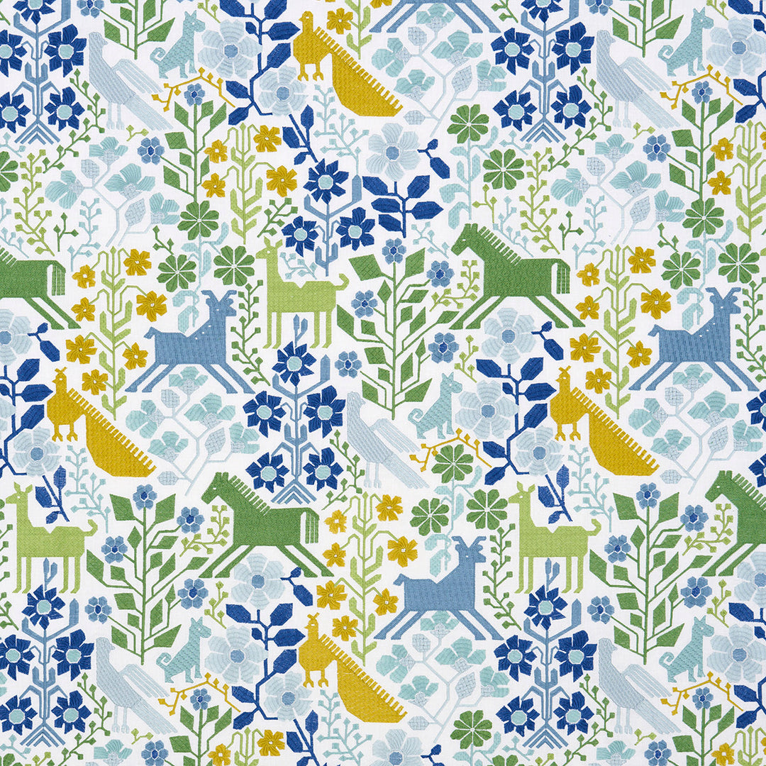 Schumacher Fabric Lupita Embroidery - Green & Blue