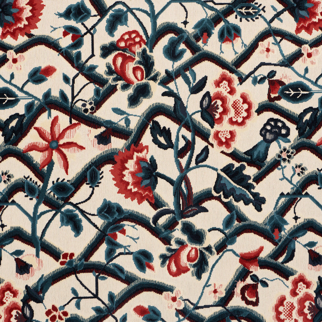 Schumacher Fabric Jacobean Garden Velvet - Cinnabar & Peacock