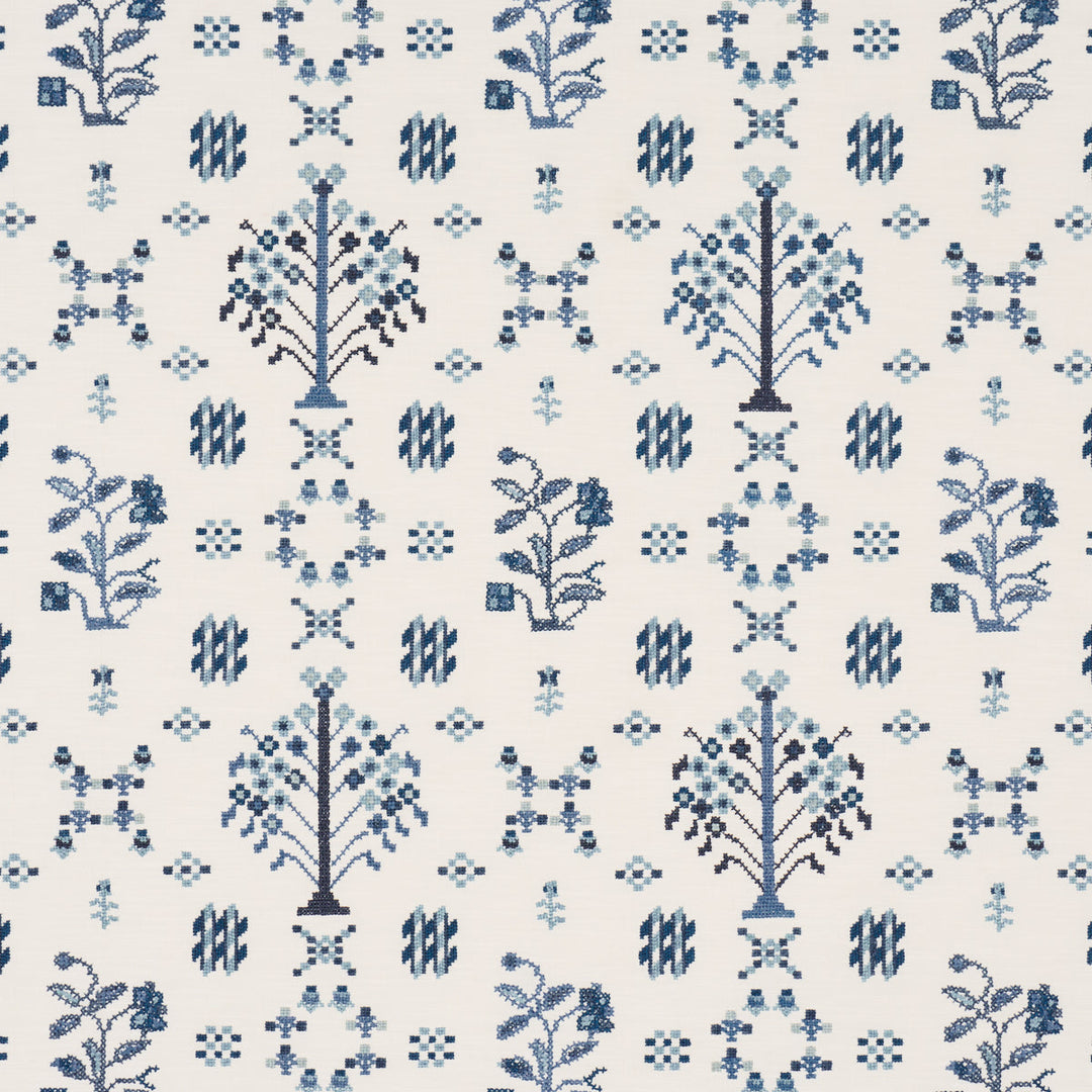 Schumacher Fabric Fairview Cross Stitch Embroidery - Indigo