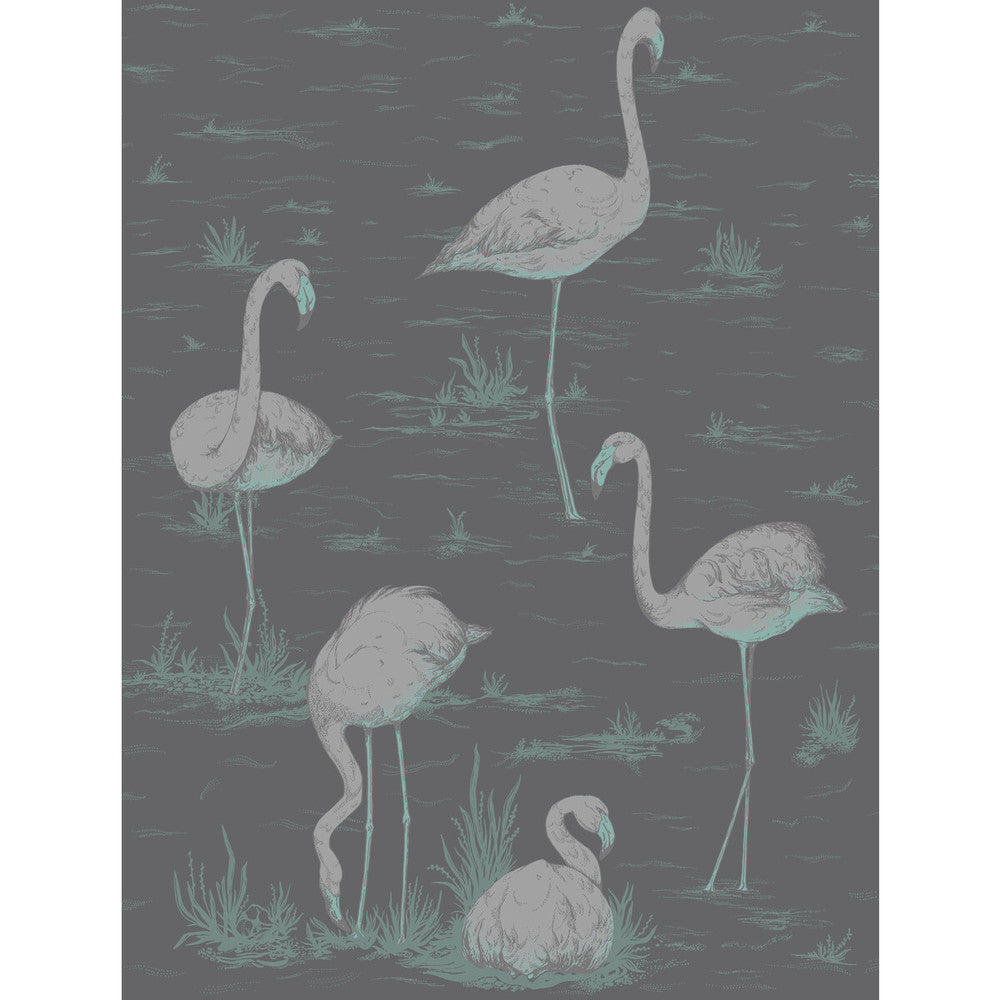 Flamingos Teal/Slvr/Bk by Cole & Son Designer Wallcovering CONTEMPORARY RESTYLED PAPER - 100% United Kingdom - Horizontal: 21 and Vertical: 27.5 21 - Swanky Fabrics -