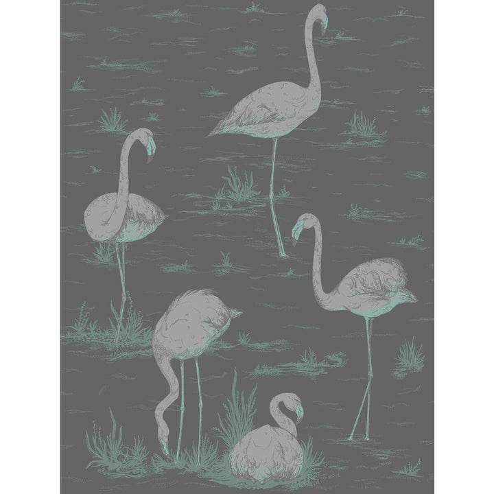 Flamingos Teal/Slvr/Bk by Cole & Son Designer Wallcovering CONTEMPORARY RESTYLED PAPER - 100% United Kingdom - Horizontal: 21 and Vertical: 27.5 21 - Swanky Fabrics -
