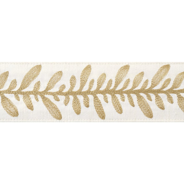 Calathea Tape Soft Gold AE12327 by Thibaut Trim Thibaut Trim Calathea Tape Soft Gold AE12327Trim ISLANDER 90% Silk, 10% Viscose U.S.A </p><p>Repeat: H: , V: 2.75 in  (6.99 cm) - Fabric Carolina -