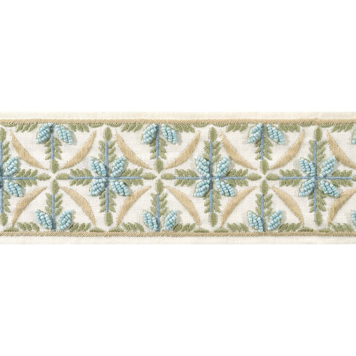 Leila Tape Aqua and Willow AE12341 by Thibaut Trim Thibaut Trim Leila Tape Aqua and Willow AE12341Trim ISLANDER 60% Polyester, 22% Cotton, 18% Linen U.S.A </p><p>Repeat: H: , V: 3.12 in  (7.92 cm) - Fabric Carolina -