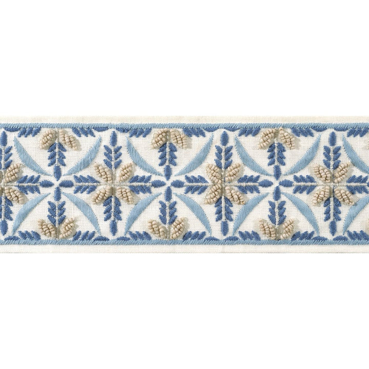 Leila Tape Stone and Blue AE12343 by Thibaut Trim Thibaut Trim Leila Tape Stone and Blue AE12343Trim ISLANDER 60% Polyester, 22% Cotton, 18% Linen U.S.A </p><p>Repeat: H: , V: 3.12 in  (7.92 cm) - Fabric Carolina -