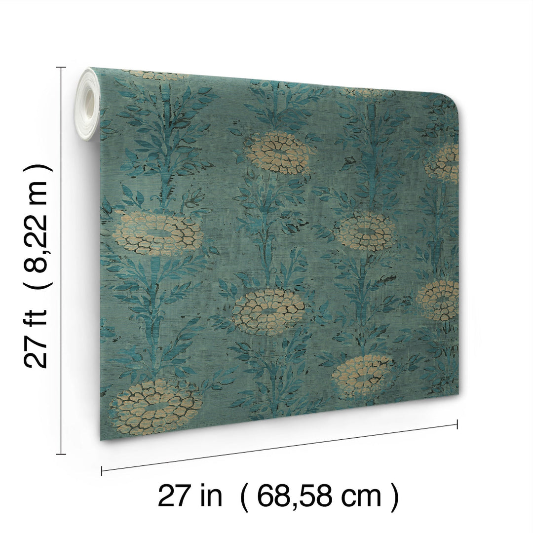 French Marigold Teal Green & Gold Wallpaper by Ronald Redding Designer
