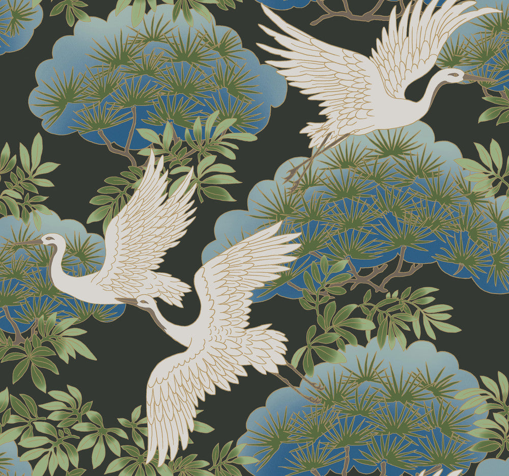 Sprig & Heron Black Wallpaper by Ronald Redding Designer Tea Garden Covers about 60.8 square feet 27-in by 27-ft long roll Unpasted 25.25 - Swanky Fabrics -
