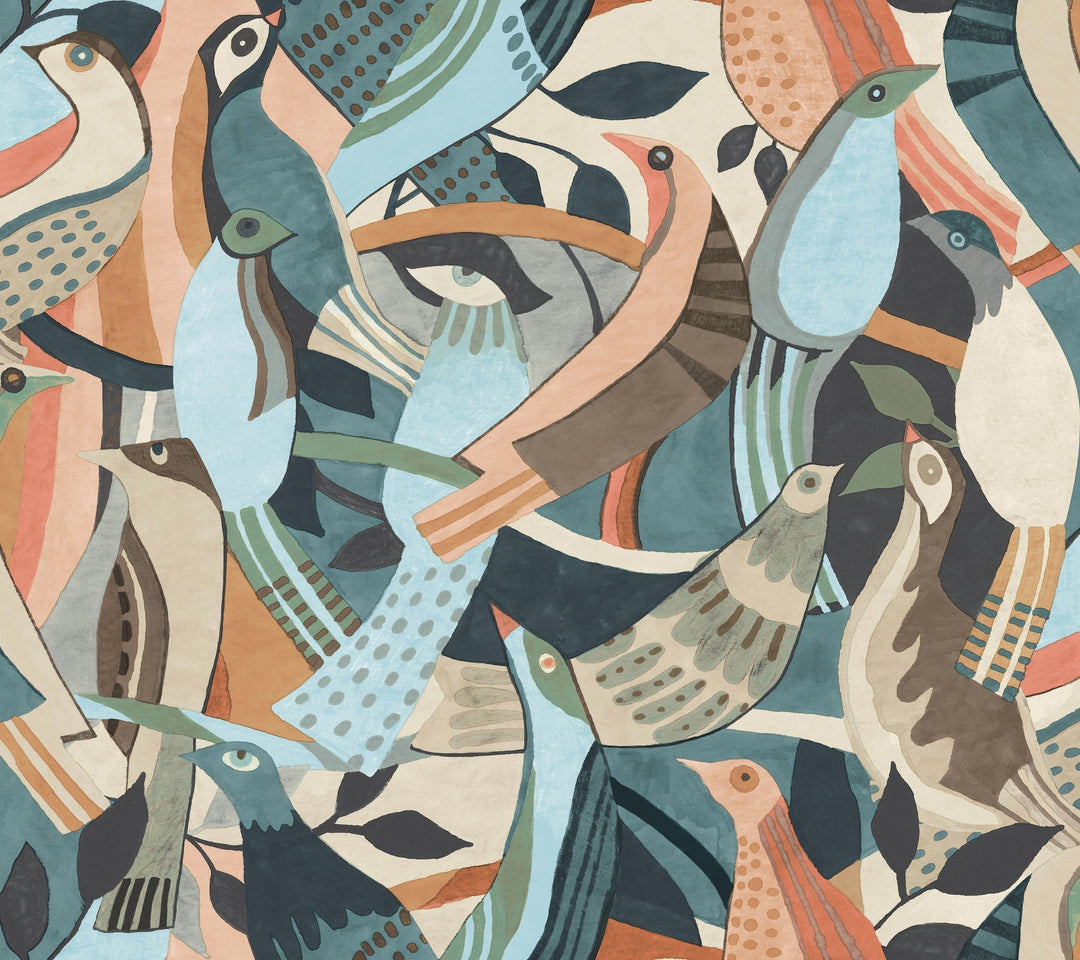 Fauvist Flock Coral & Aqua Wallpaper by York Wallcoverings Designer