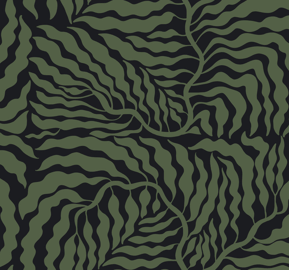 Fern Fronds Black & Green Wallpaper by York Wallcoverings Designer Artistic Abstracts Covers about 60.8 square feet 27-in by 27-ft long roll Unpasted 25.25 - Swanky Fabrics -