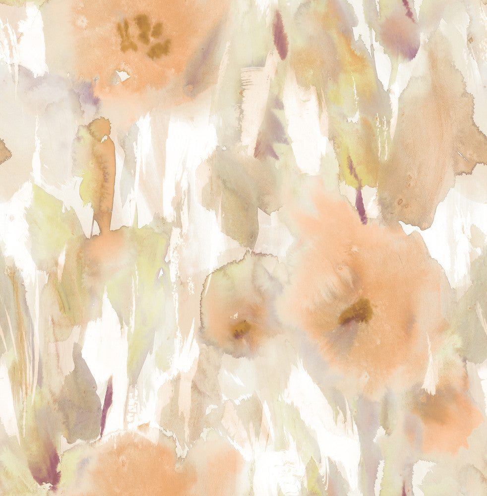 Watercolor Floral Cantaloupe, Gold, & Taupe AH40403 by Pelican Prints Designer Wallpaper