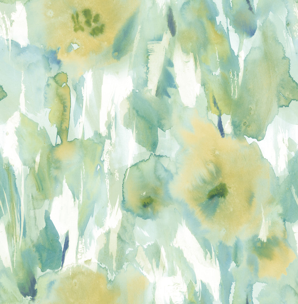 Watercolor Floral Lime Green, Teal, & Off-White AH40404 by Pelican Prints Designer Wallpaper