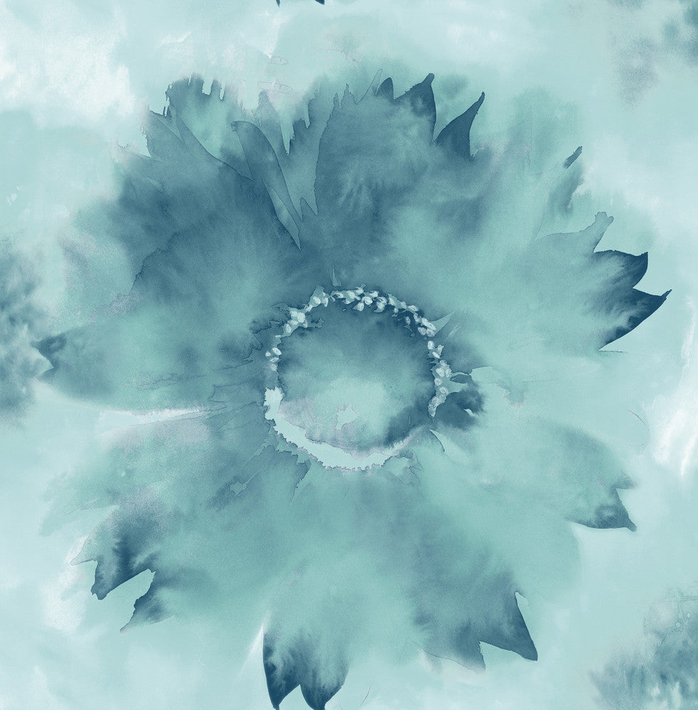 Watercolor Sunflower Metallic Teal & Ice Blue AH40502 by Pelican Prints Designer Wallpaper