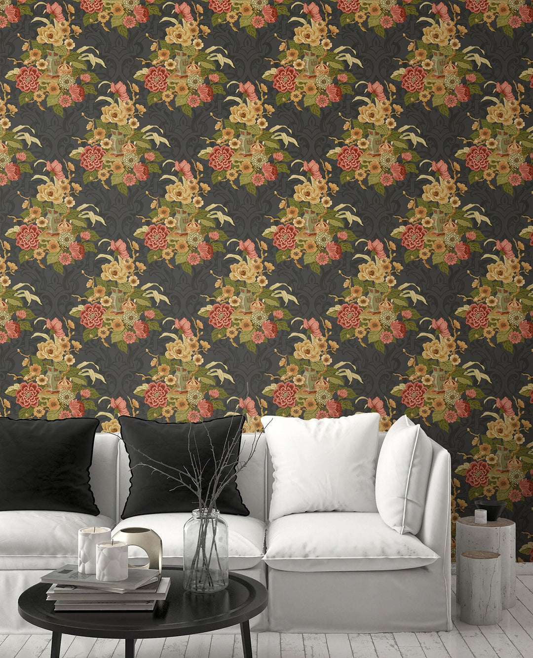 Dynasty Floral Metallic Ebony AI40000 by Seabrook Designs Designer Wallpaper