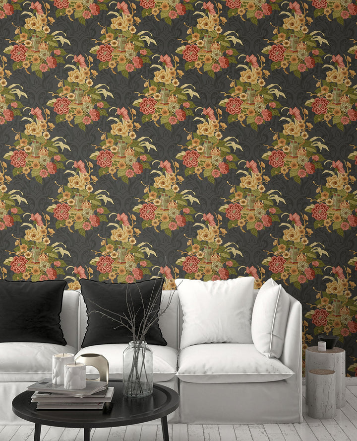 Dynasty Floral Metallic Ebony AI40000 by Seabrook Designs Designer Wallpaper