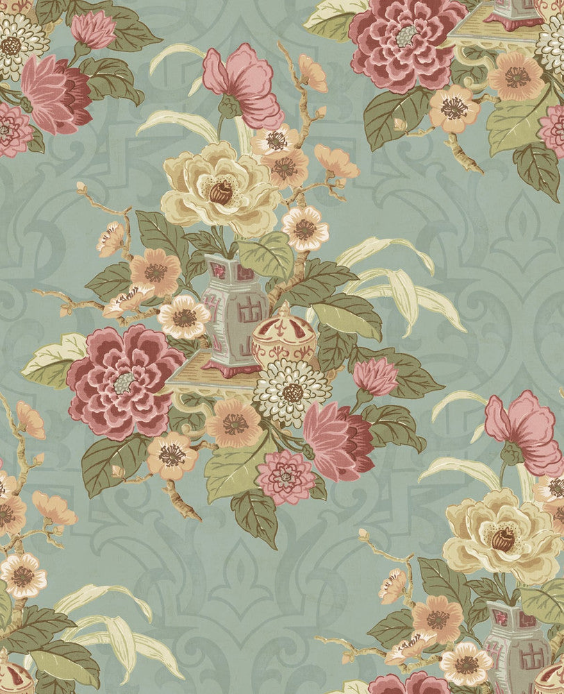 Dynasty Floral Metallic Blue Mist AI40001 by Seabrook Designs Designer Wallpaper