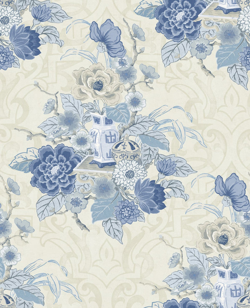 Dynasty Floral Metallic Linen and Blue AI40002 by Seabrook Designs Designer Wallpaper