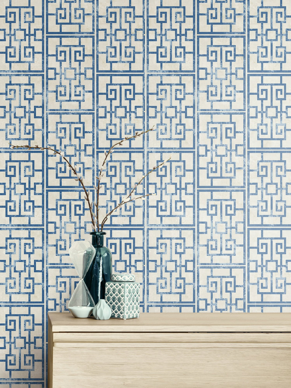Dynasty Lattice Metallic Pearl and Azure Blue AI40202 by Seabrook Designs Designer Wallpaper