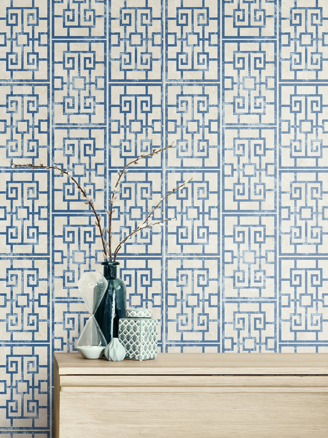 Dynasty Lattice Metallic Pearl and Azure Blue AI40202 by Seabrook Designs Designer Wallpaper