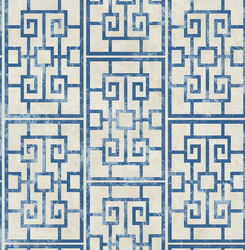 Dynasty Lattice Metallic Pearl and Azure Blue AI40202 by Seabrook Designs Designer Wallpaper