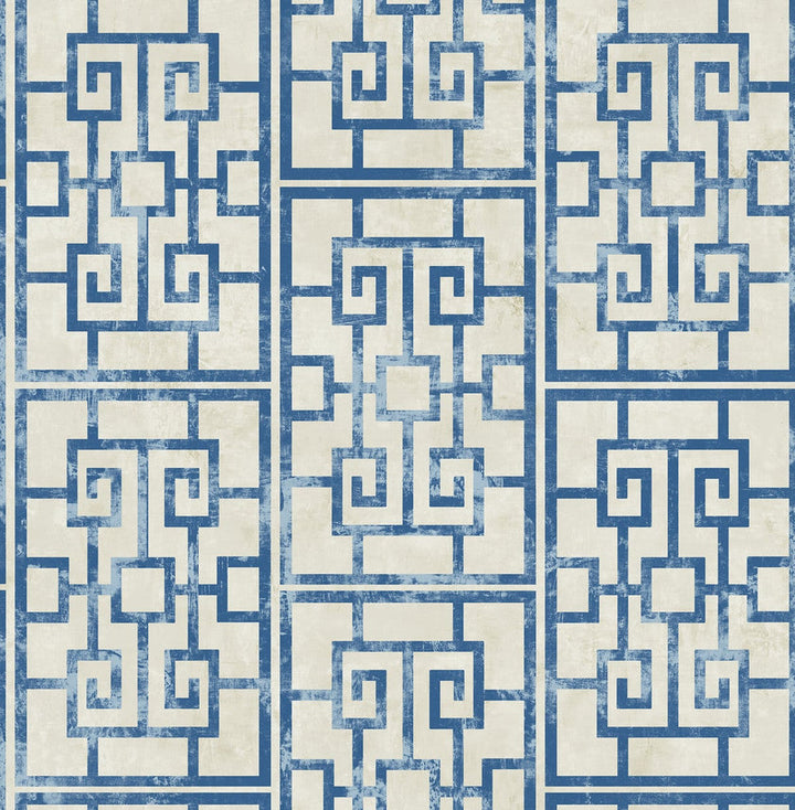 Dynasty Lattice Metallic Pearl and Azure Blue AI40202 by Seabrook Designs Designer Wallpaper