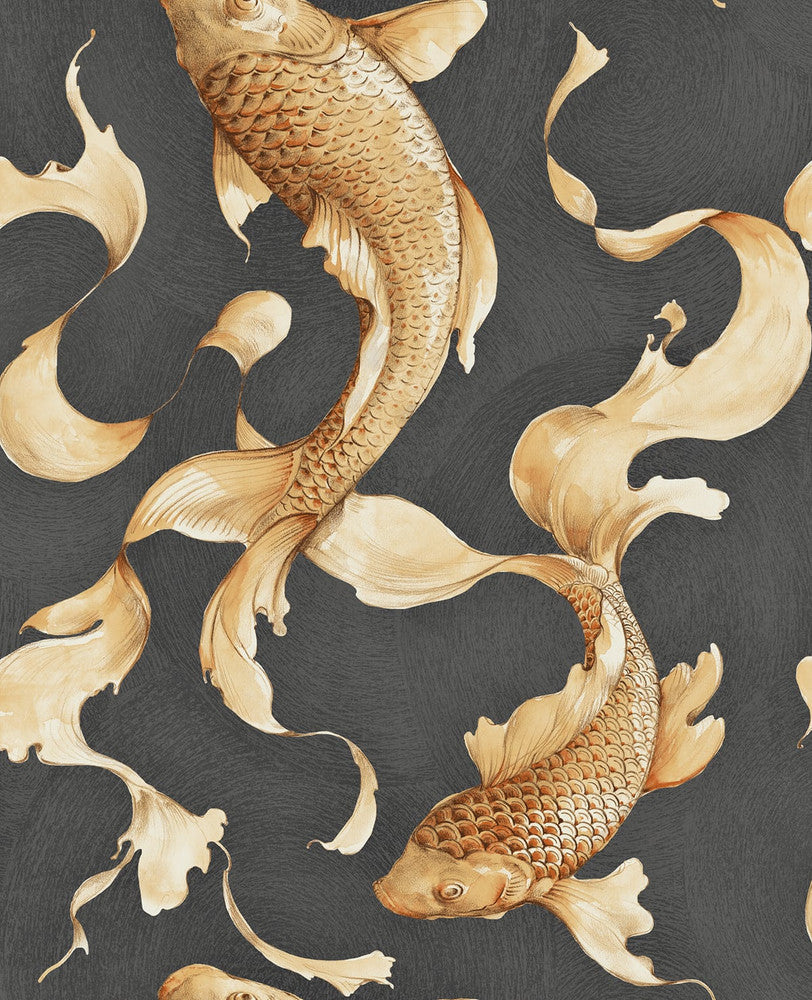Koi Fish Metallic Gold and Ebony AI40600 by Seabrook Designs Designer Wallpaper
