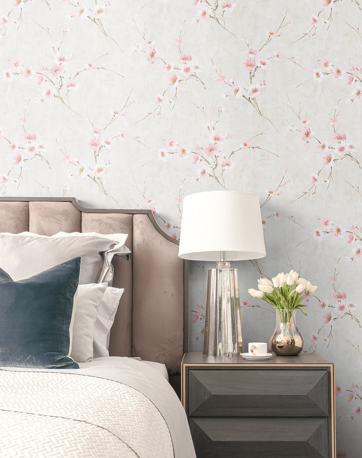 Silk Road Dogwood Metallic Pearl and Pink AI41601 by Seabrook Designs Designer Wallpaper