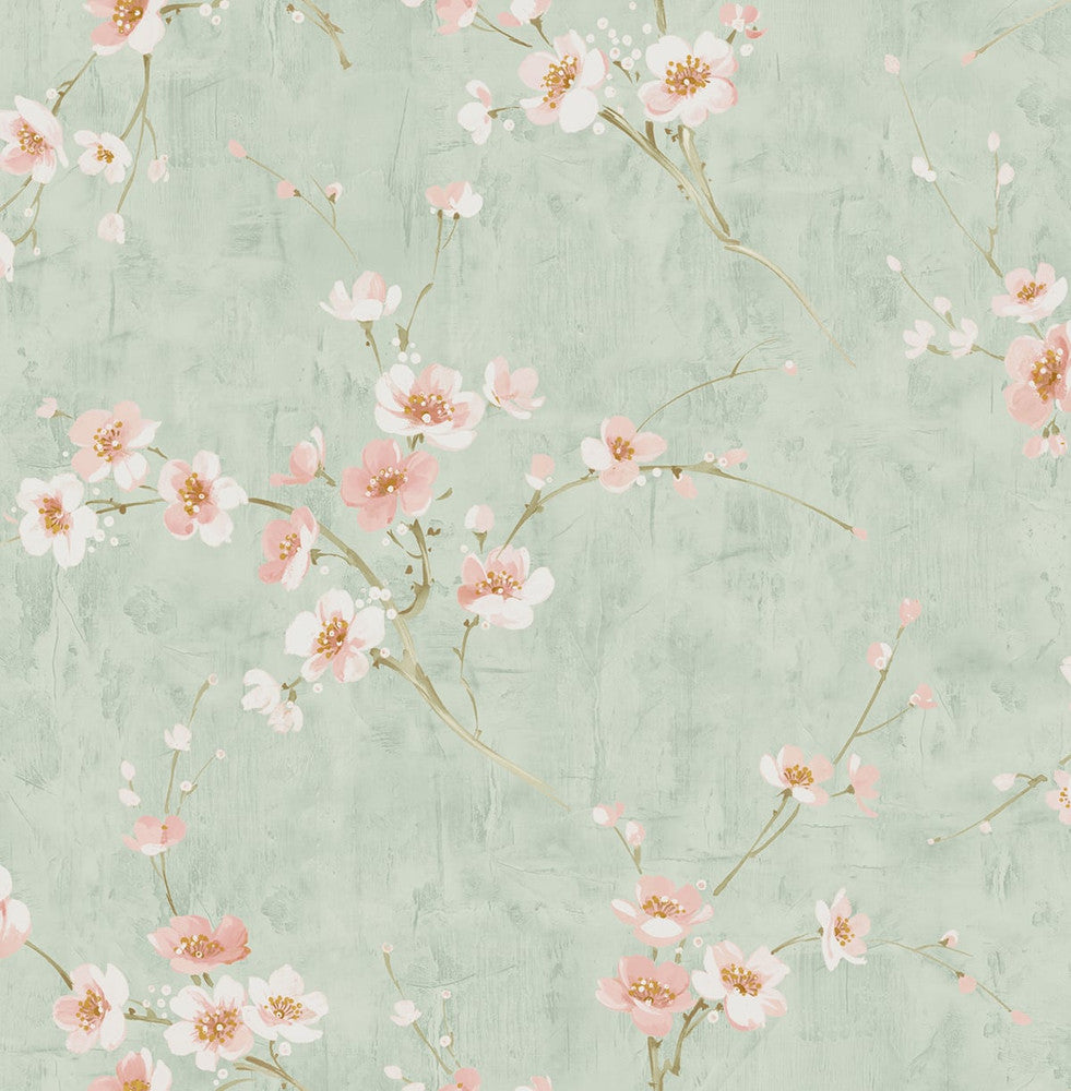 Silk Road Dogwood Metallic Mint and Pink AI41604 by Seabrook Designs Designer Wallpaper