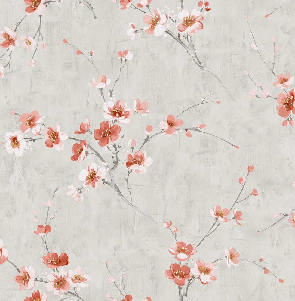 Silk Road Dogwood Metallic Silver and Strawberry AI41608 by Seabrook Designs Designer Wallpaper