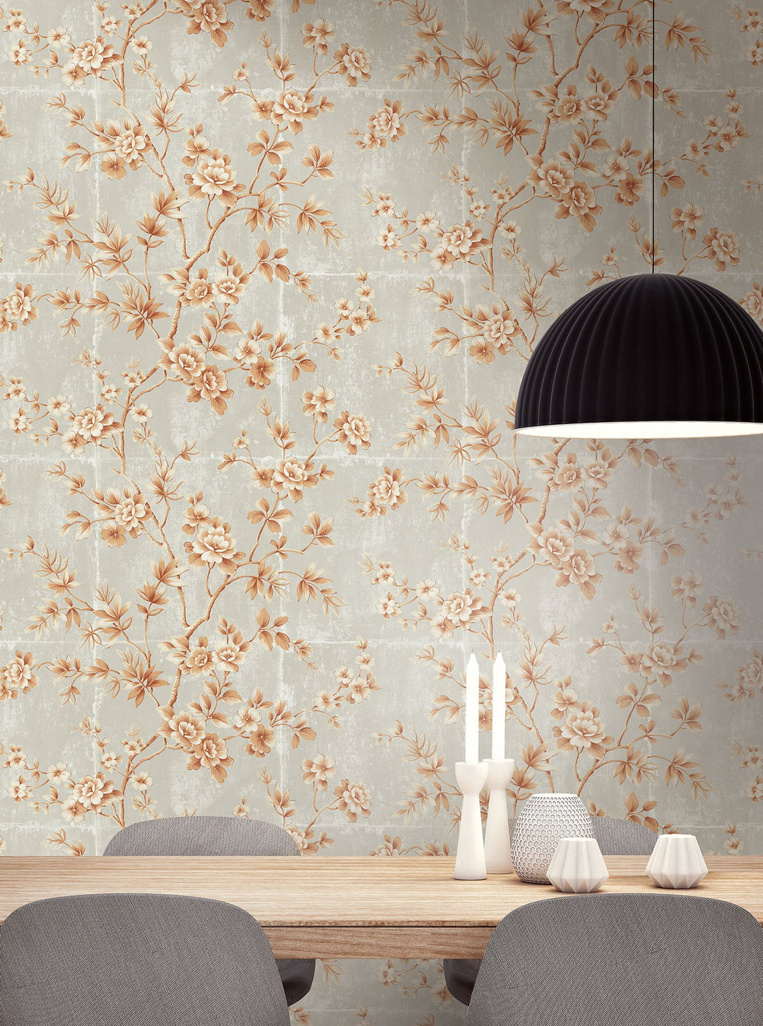 Great Wall Floral Metallic Orange and Gray AI41901 by Seabrook Designs Designer Wallpaper