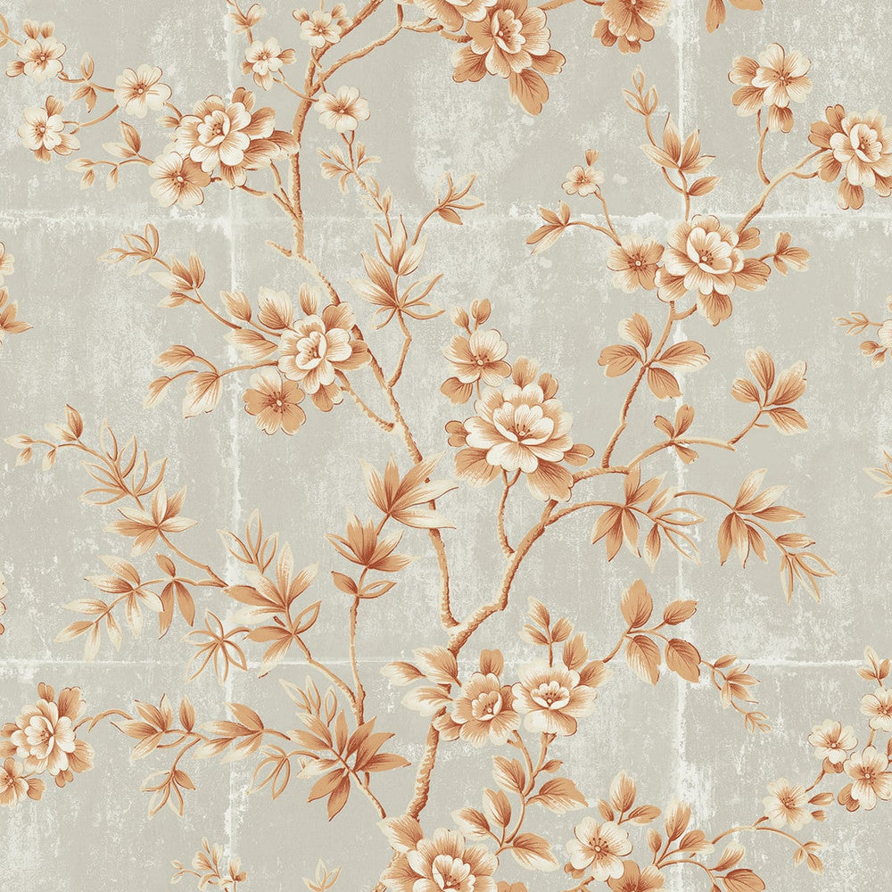 Great Wall Floral Metallic Orange and Gray AI41901 by Seabrook Designs Designer Wallpaper