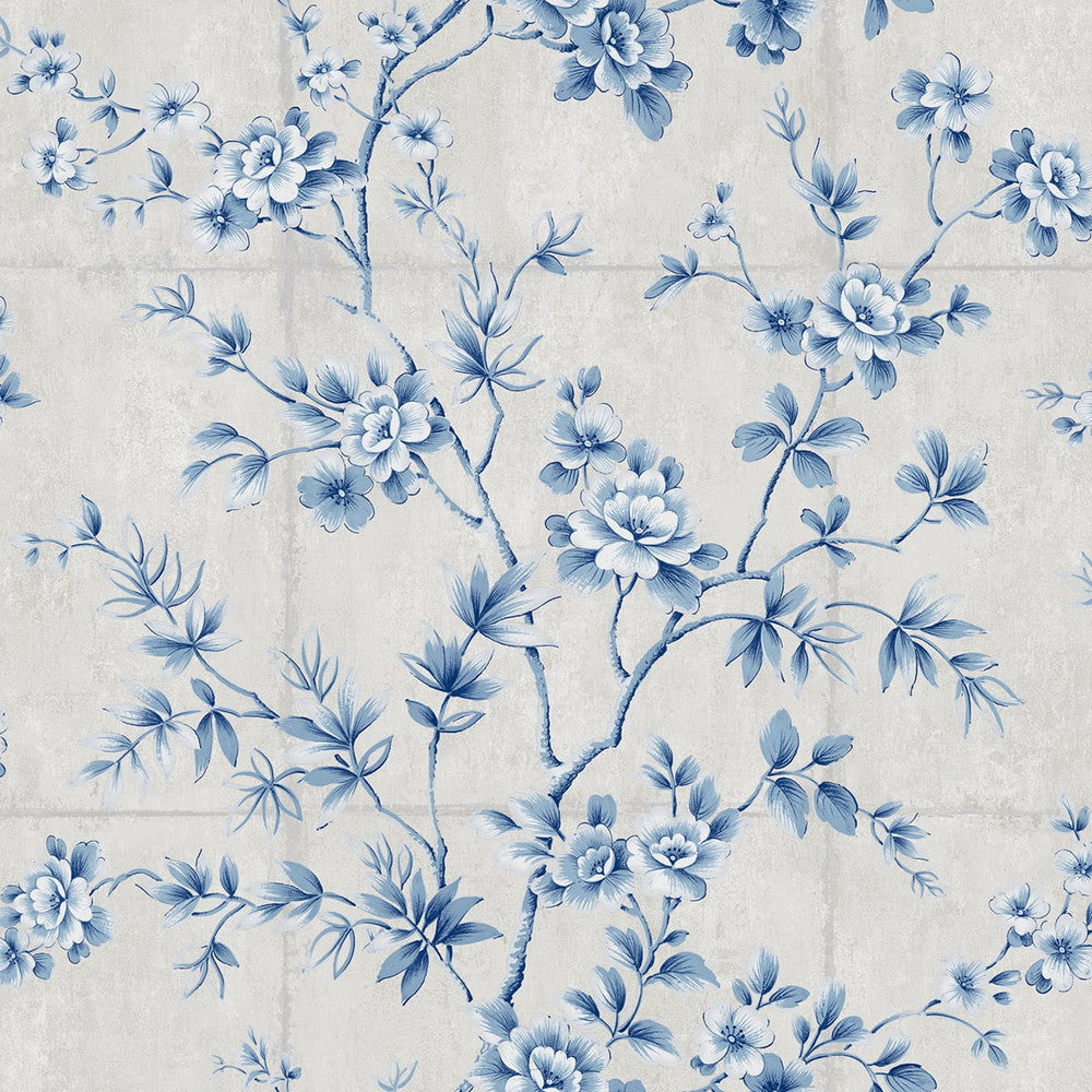 Great Wall Floral Metallic Silver and Sky Blue AI41902 by Seabrook Designs Designer Wallpaper