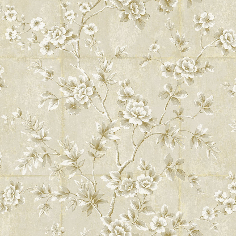 Great Wall Floral Metallic Gold and Greige AI41903 by Seabrook Designs Designer Wallpaper
