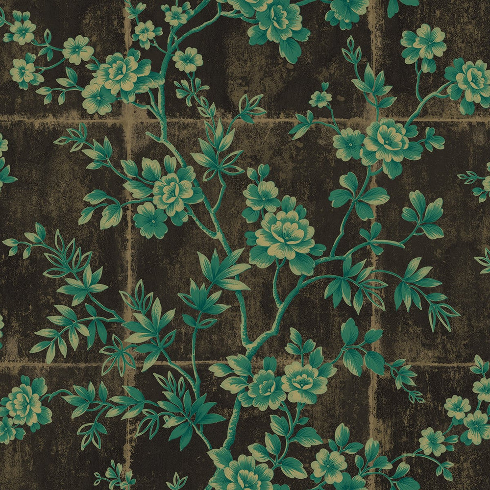 Great Wall Floral Metallic Mocha and Sea Green AI41904 by Seabrook Designs Designer Wallpaper