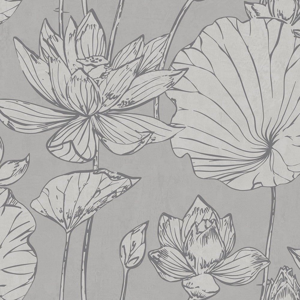 Lotus Floral Metallic Silver and Gray AI42300 by Seabrook Designs Designer Wallpaper