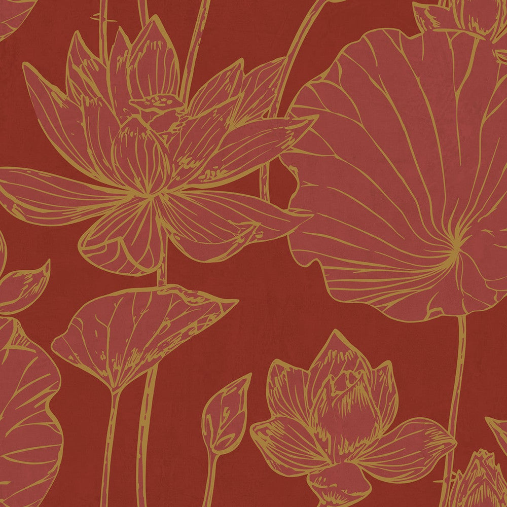 Lotus Floral Metallic Gold and Crimson AI42301 by Seabrook Designs Designer Wallpaper