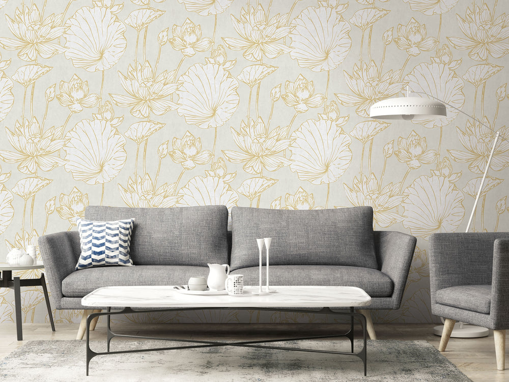 Lotus Floral Metallic Gold and Off-White AI42305 by Seabrook Designs Designer Wallpaper