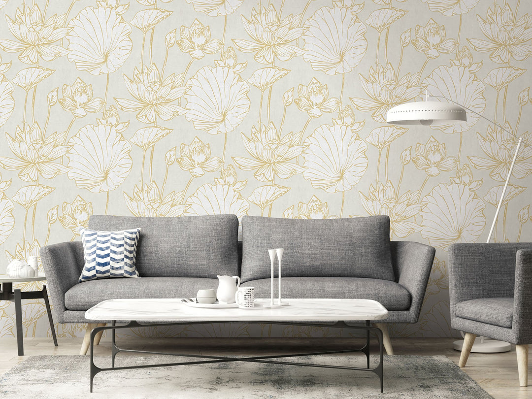 Lotus Floral Metallic Gold and Off-White AI42305 by Seabrook Designs Designer Wallpaper