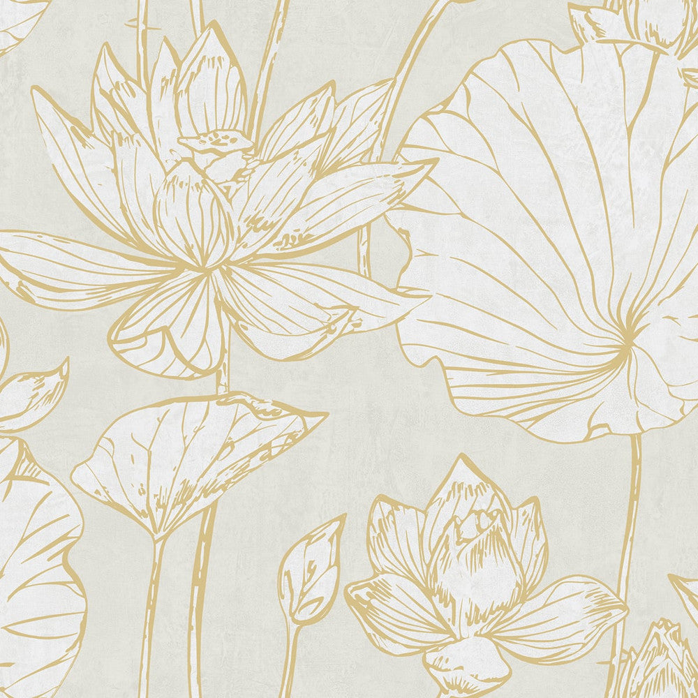 Lotus Floral Metallic Gold and Off-White AI42305 by Seabrook Designs Designer Wallpaper