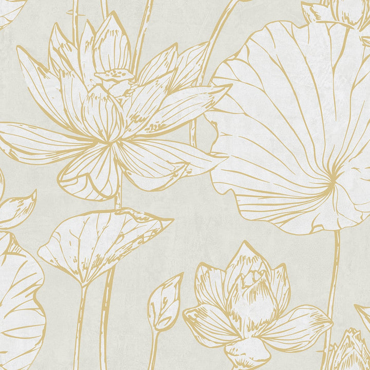 Lotus Floral Metallic Gold and Off-White AI42305 by Seabrook Designs Designer Wallpaper