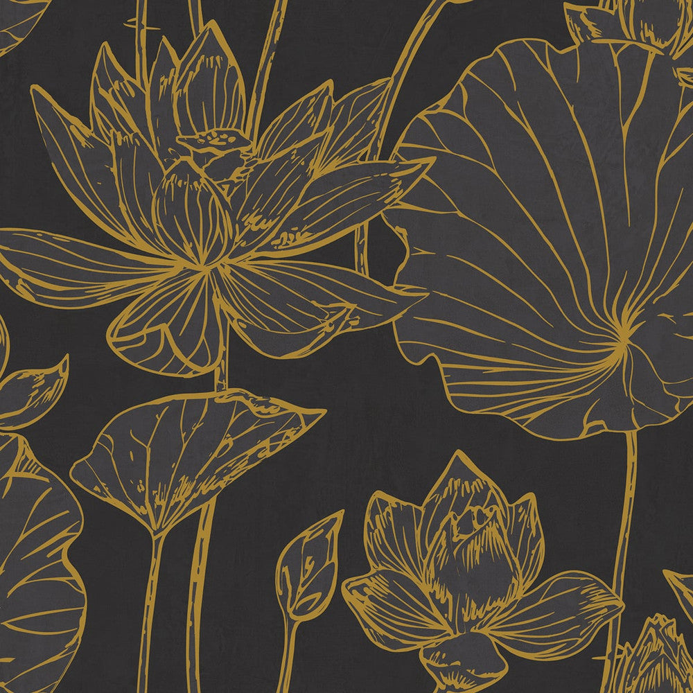 Lotus Floral Metallic Gold and Ebony AI42306 by Seabrook Designs Designer Wallpaper