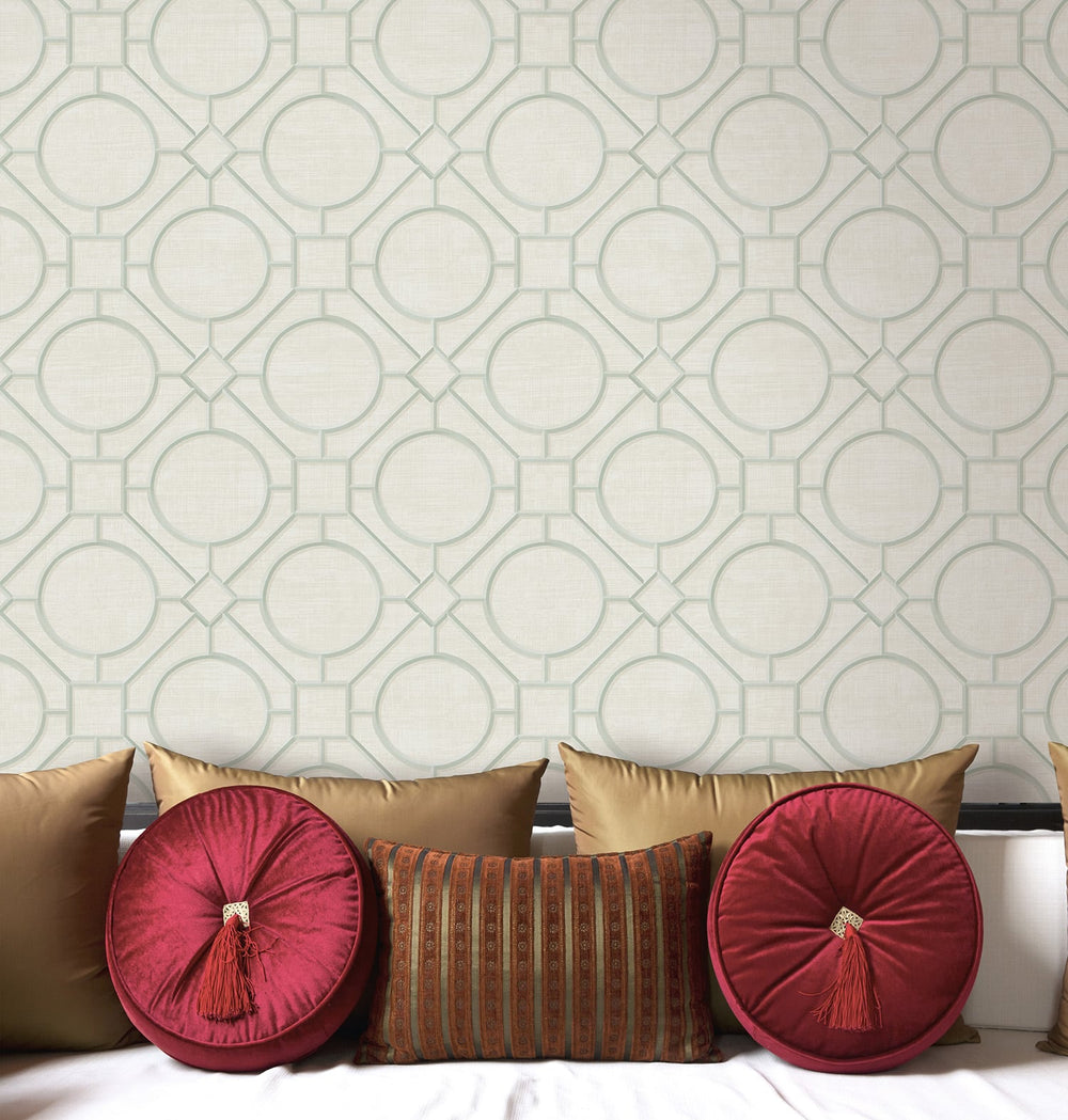 Silk Road Trellis Metallic Mint and Off-White AI42414 by Seabrook Designs Designer Wallpaper